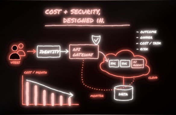 A hand-drawn architecture diagram glowing in neon marker on a dark lightboard: users, identity, an API gateway, cloud services and AI agents, data, monitoring and falling monthly cost