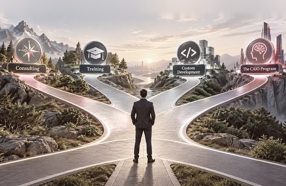 A business person seen from behind stands where four paths split, each leading to a sign: Consulting, Training, Custom Development and The CAIO Program.